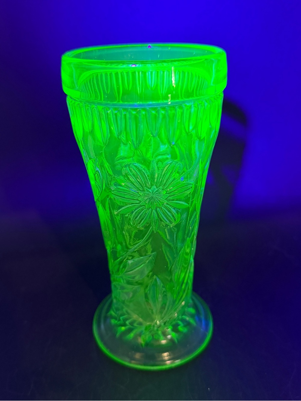 Vintage Green Uranium Glass Vase Floral Depression Footed Glow 7.25” Tall